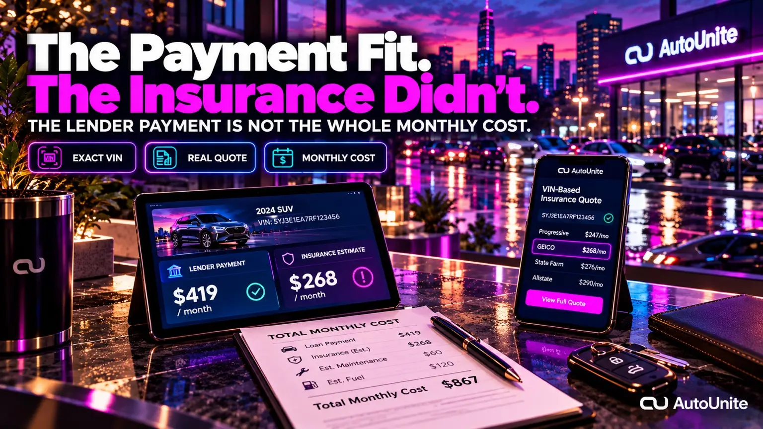 AutoUnite Newsletter 02 hero for “The Payment Fit. The Insurance Didn't.,” preserving the approved story scene and bottom-right AutoUnite identity.