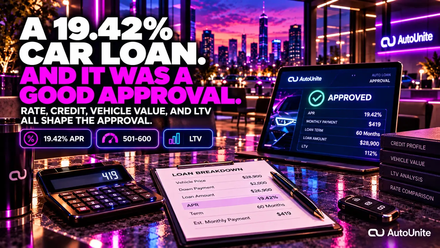 AutoUnite Newsletter 05 hero for “A 19.42% Car Loan. And It Was a Good Approval.,” preserving the approved story scene and bottom-right AutoUnite identity.