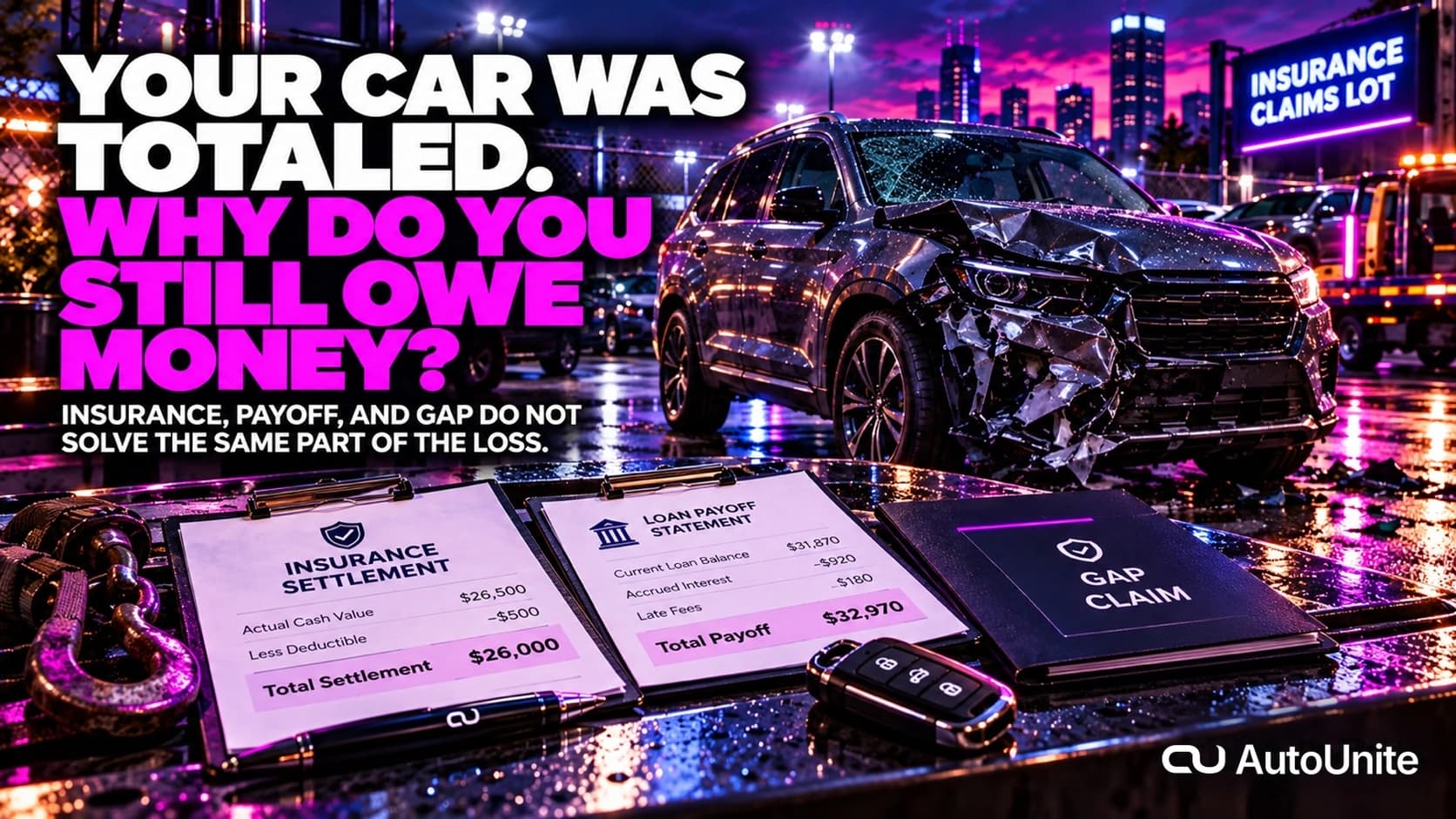 AutoUnite Newsletter 34 hero showing a damaged premium SUV in a night total-loss tow and insurance environment with the headline Your Car Was Totaled. Why Do You Still Owe Money?