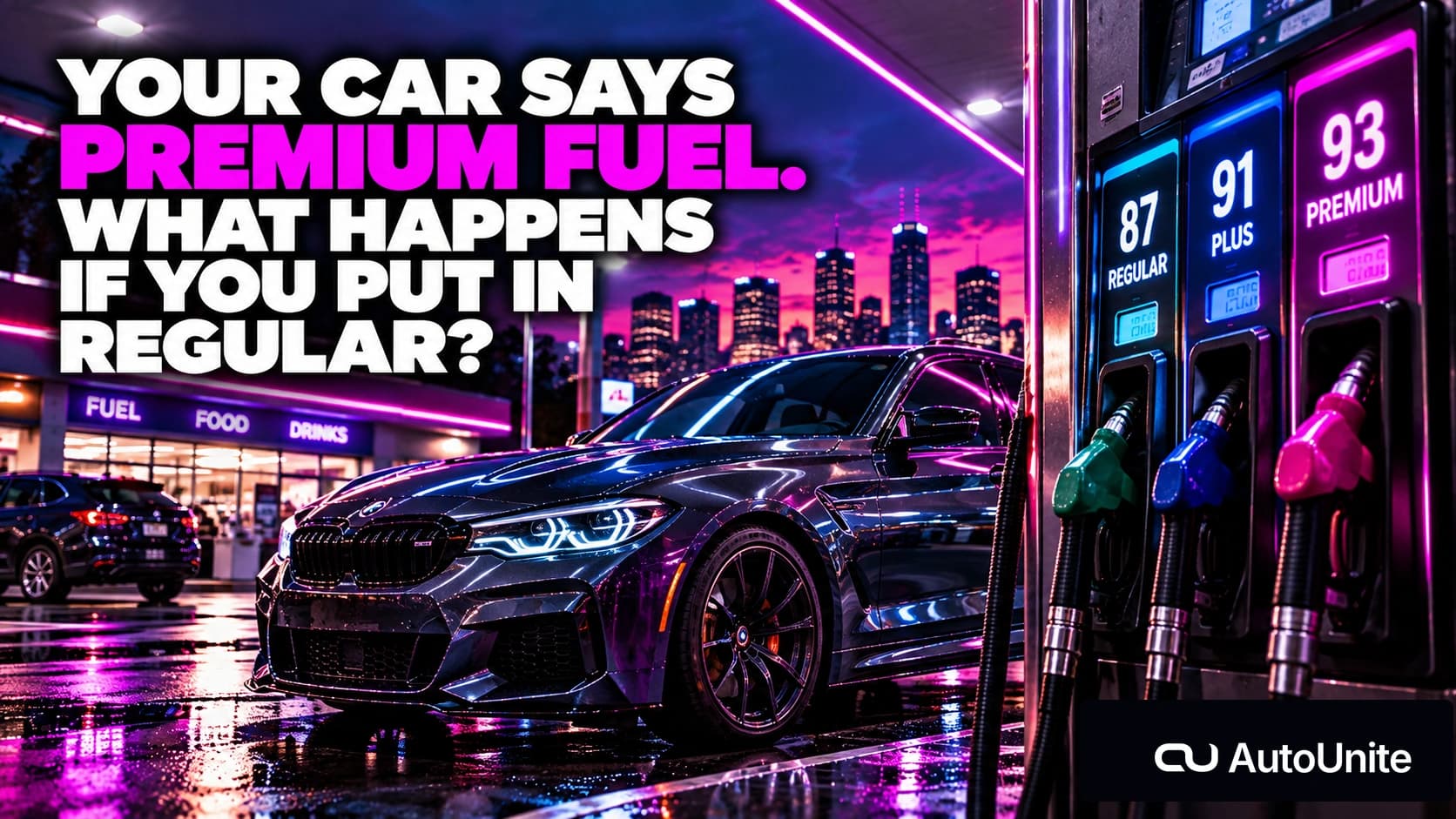 AutoUnite Newsletter 36 hero showing a premium gasoline vehicle refueling at an elevated cinematic night fuel pavilion above a rain-lit city freeway, with the pump-grade decision visible and the headline Your Car Says Premium Fuel. What Happens If You Put in Regular?