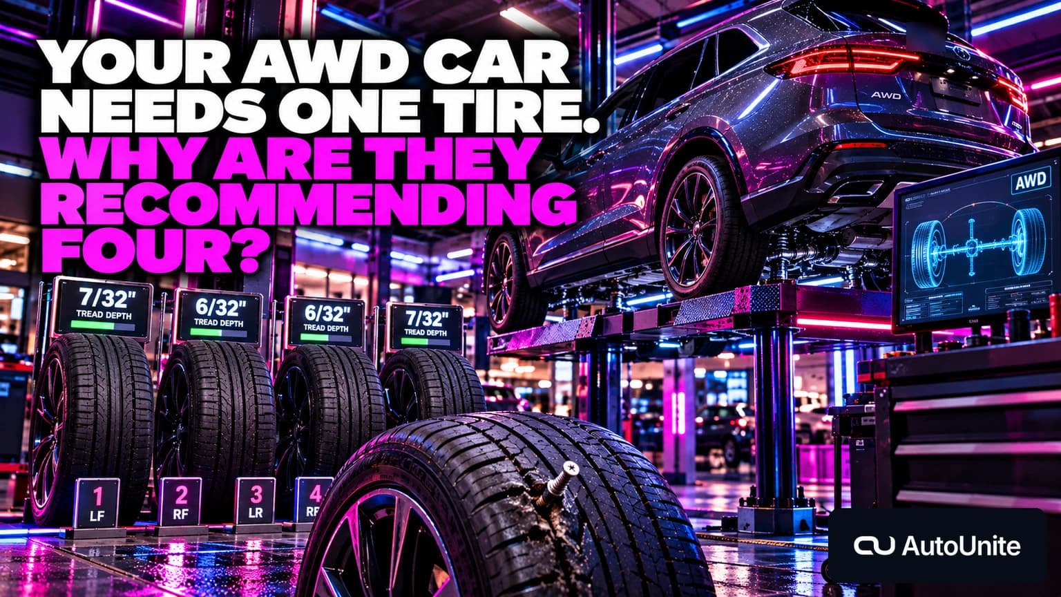 AutoUnite Newsletter 37 hero showing an AWD crossover in a cinematic AutoUnite Night diagnostic laboratory with four tire-measurement displays and one damaged tire isolated in the foreground, under the headline Your AWD Car Needs One Tire. Why Are They Recommending Four?