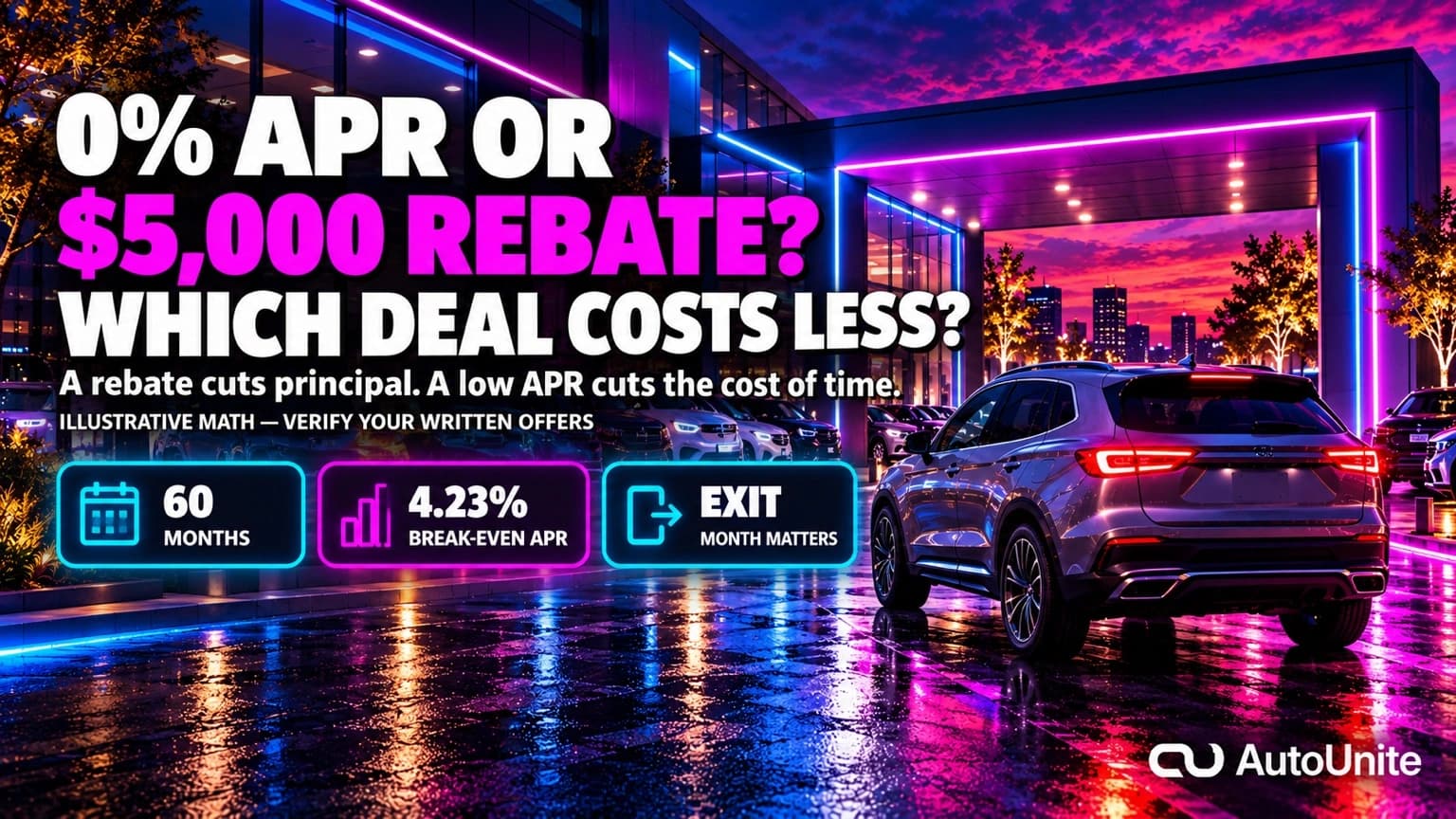 A premium SUV at a neon split decision gateway representing special APR versus cash rebate choices.