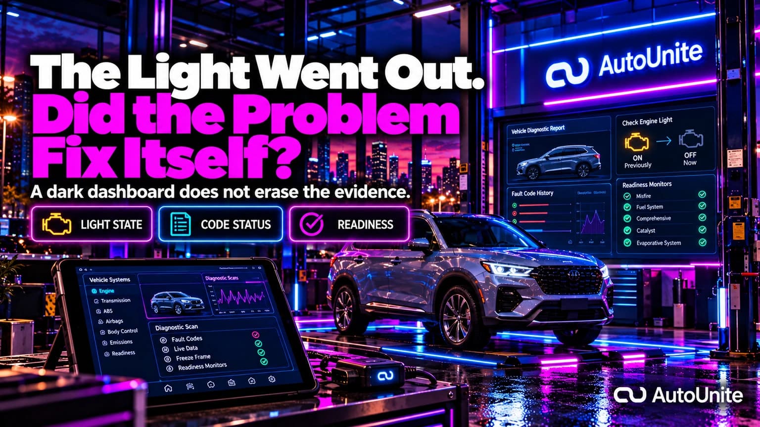 AutoUnite Night diagnostic command bay with a vehicle, scan data, readiness monitors and the headline The Light Went Out. Did the Problem Fix Itself?