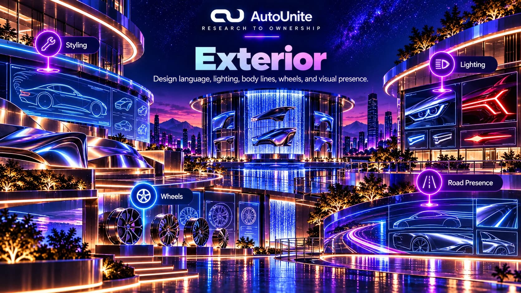 Exterior references using lighting, wheels, body surfacing, styling studies, and road presence cues.
