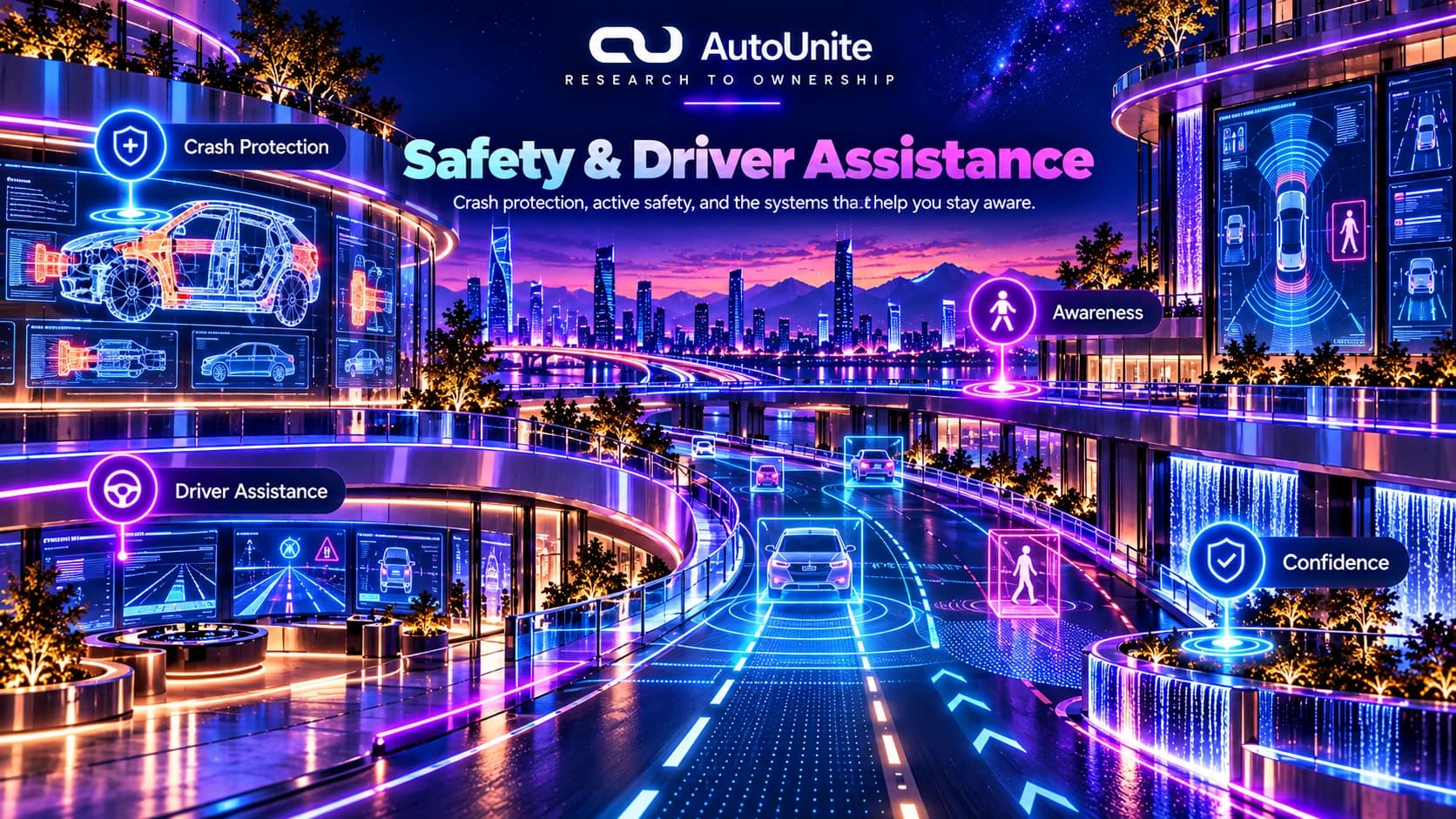 Safety references using crash protection, driver assistance, awareness, sensors, and confidence cues.