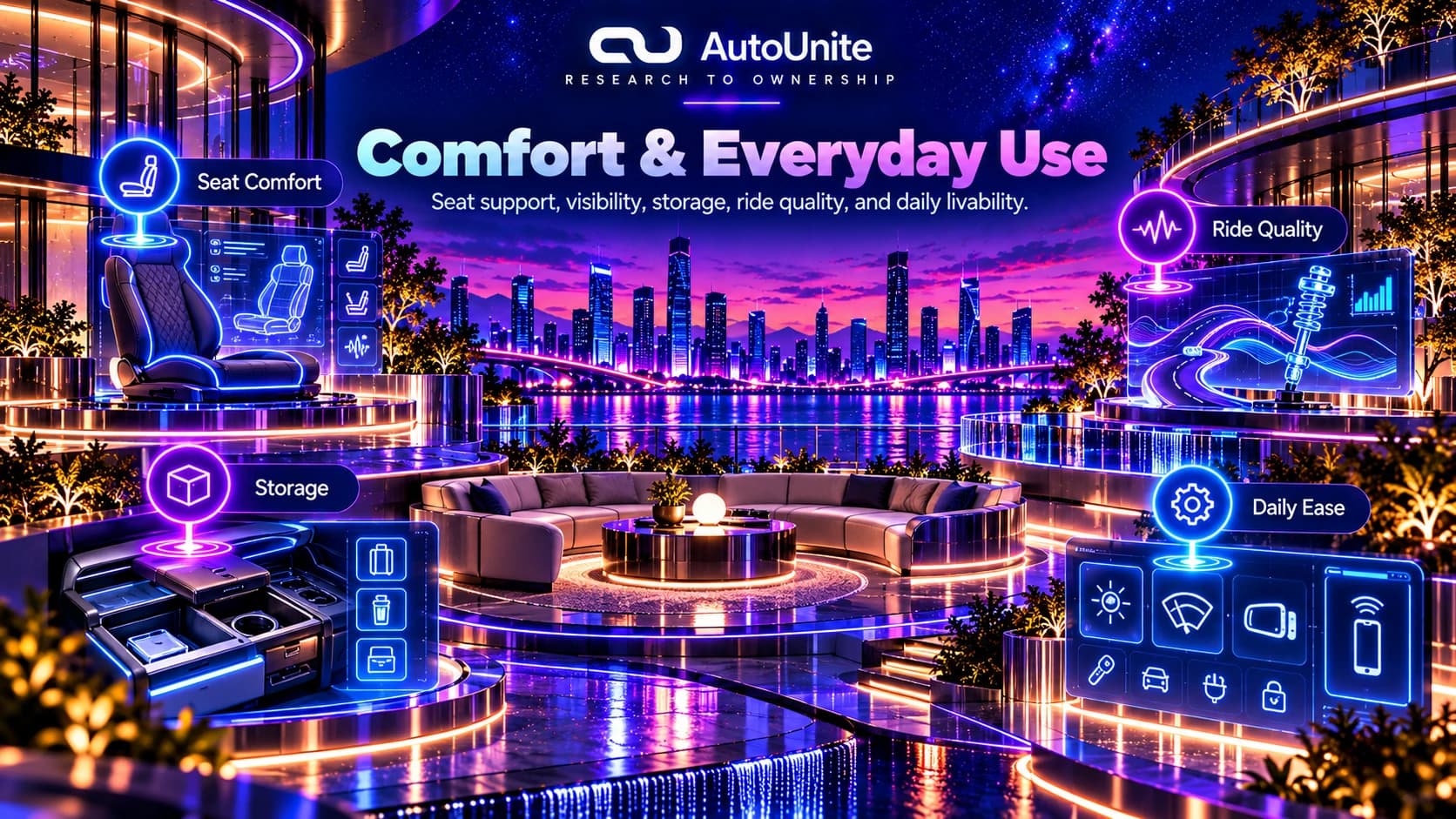 Everyday use references using seat comfort, storage, ride quality, visibility, and convenience cues.