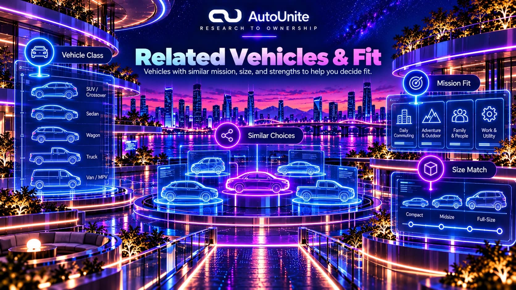 Related vehicle references using vehicle class, mission fit, size match, and similar choice silhouettes.