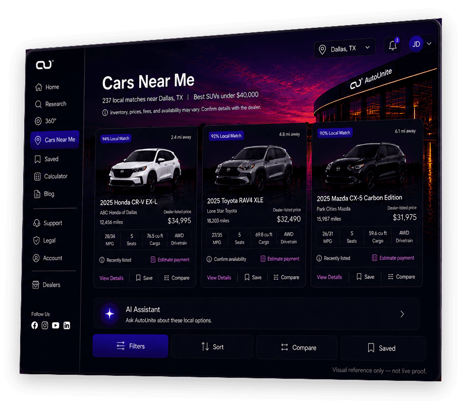 AutoUnite Cars Near Me showing nearby vehicle inventory