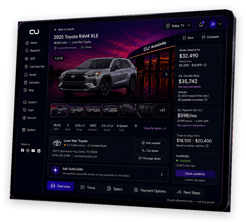 AutoUnite vehicle listing showing pricing and equipment details