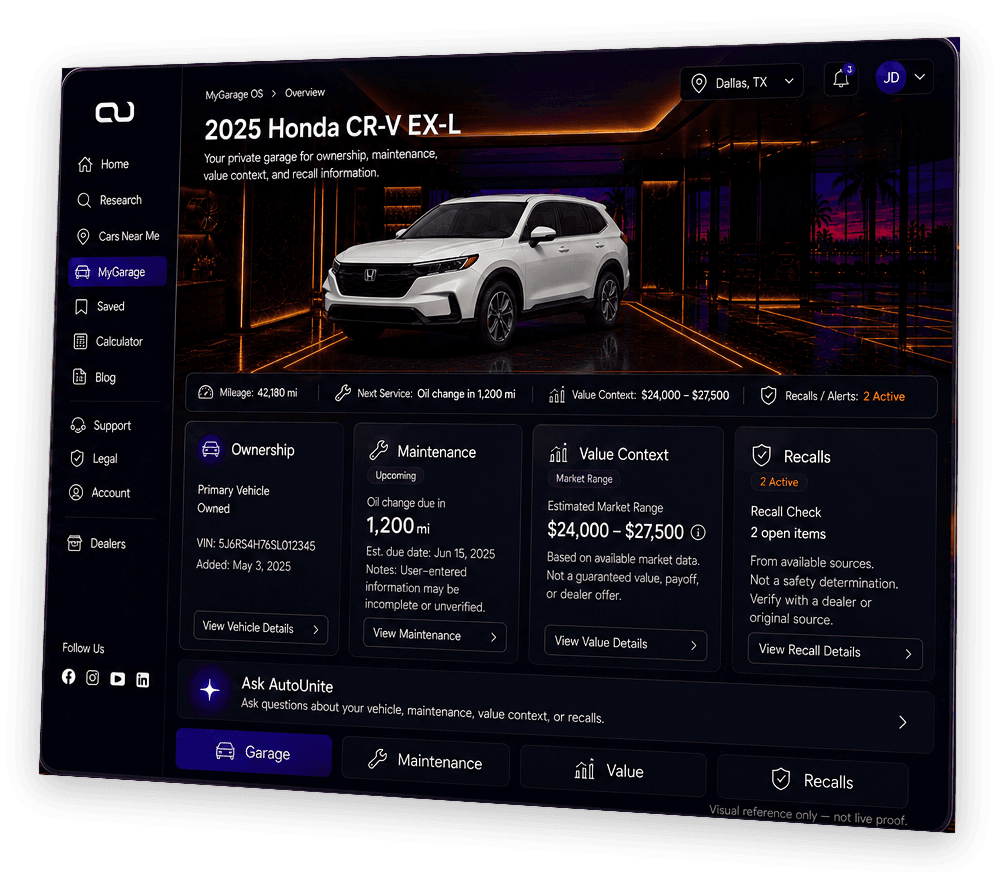 AutoUnite MyGarage preview showing ownership and maintenance tools