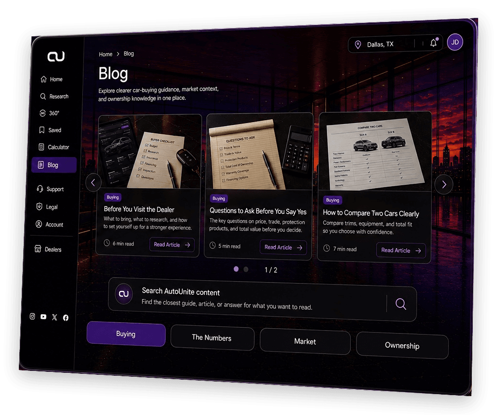 AutoUnite guidance preview showing vehicle and ownership articles