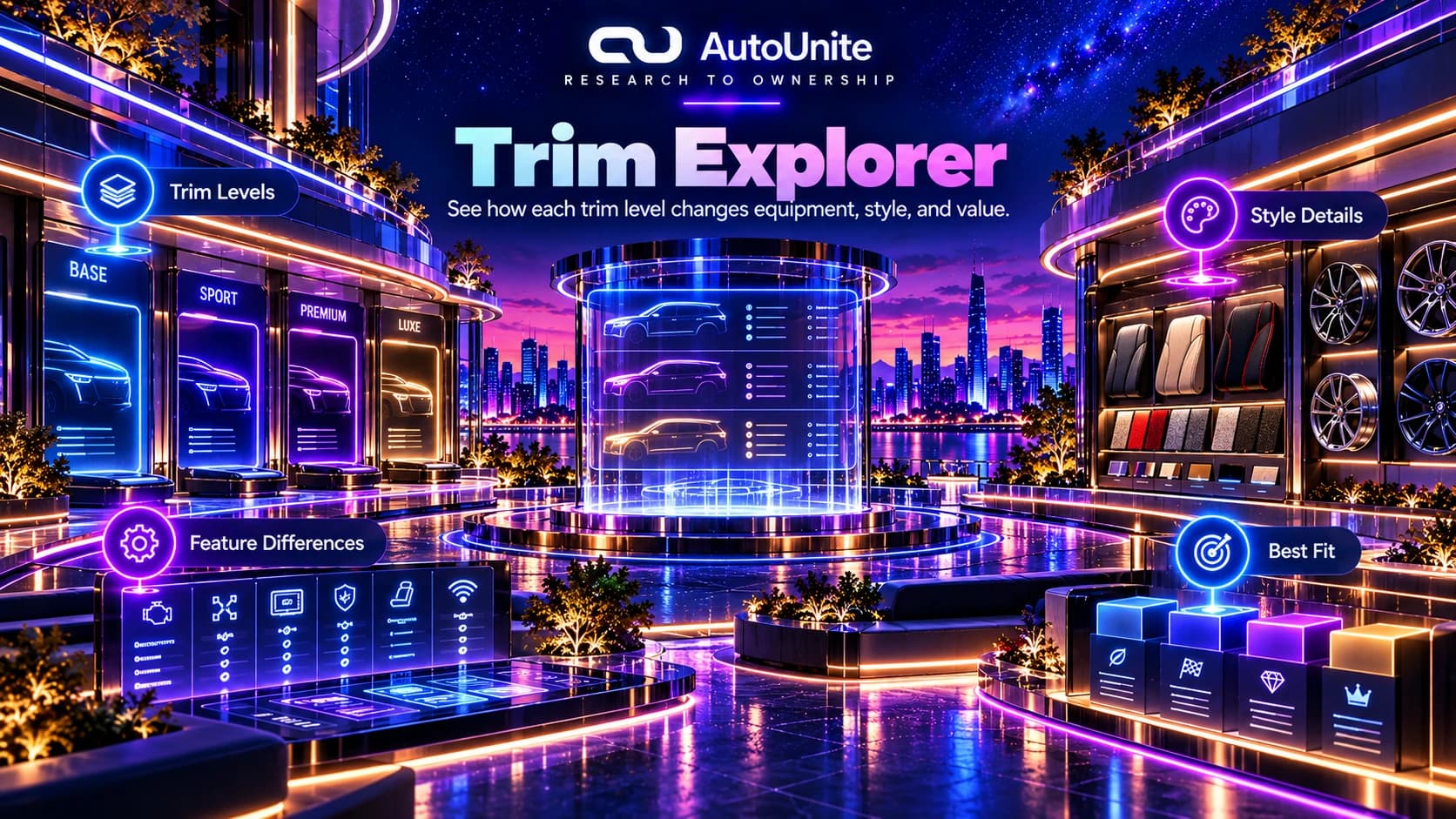 Trim level comparison references using silhouettes, feature matrices, materials, wheels, and best fit cues.