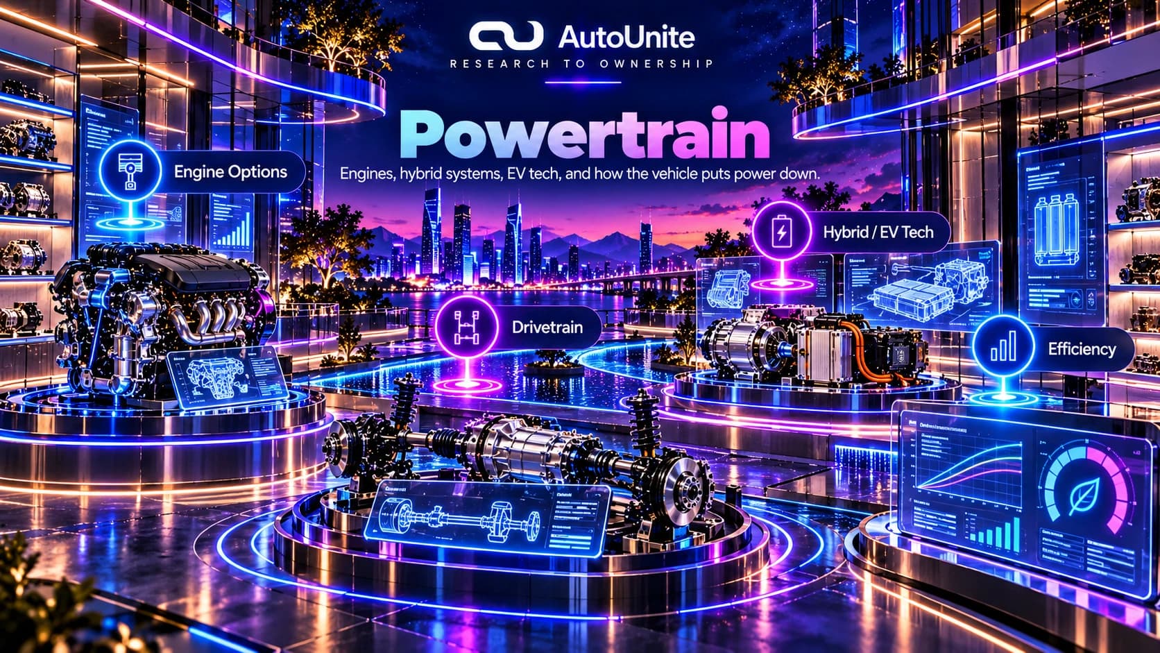 Powertrain references using engine, hybrid, EV, drivetrain, and efficiency components.