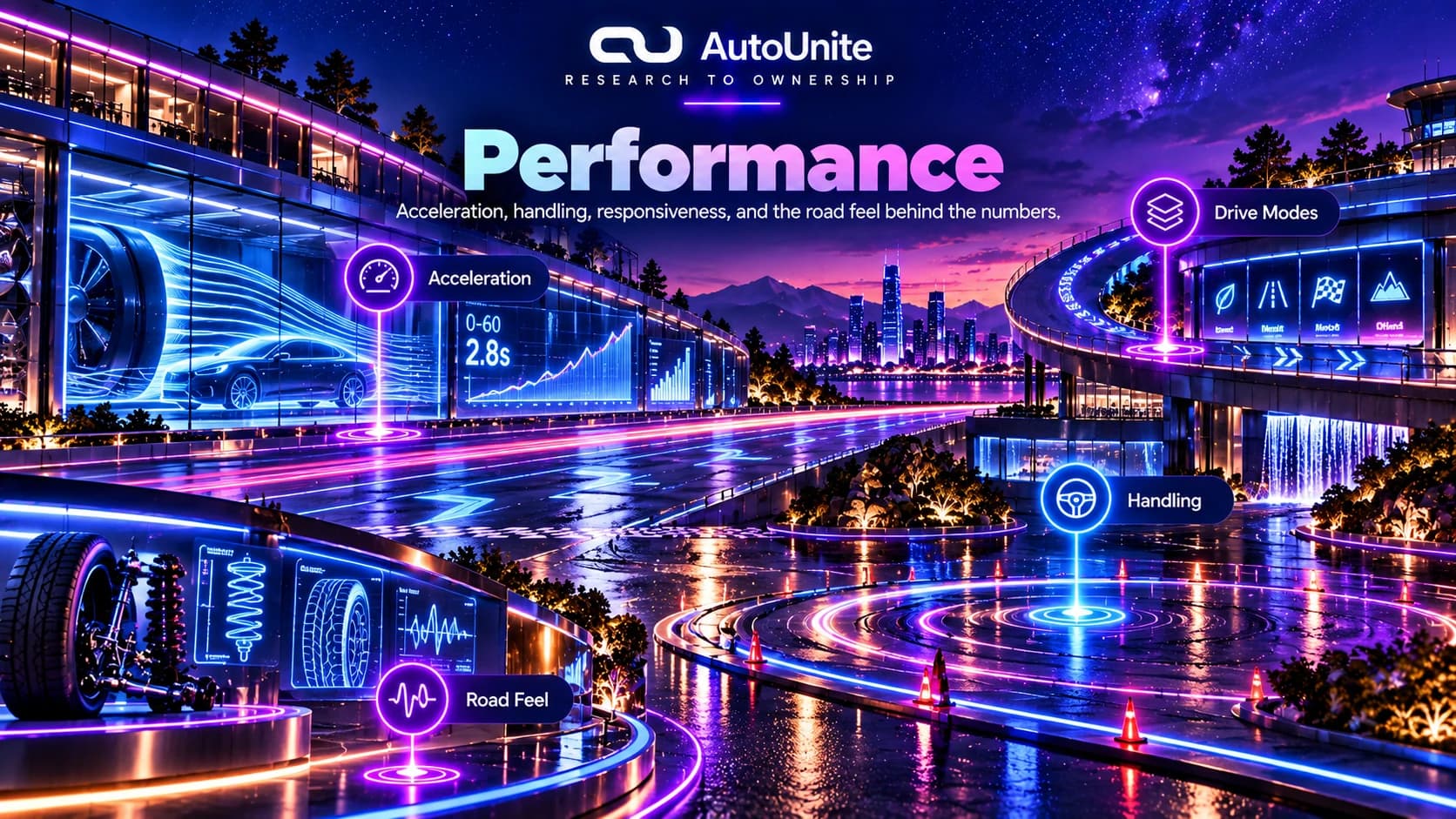 Performance references using acceleration, handling, drive modes, tire, suspension, and test track cues.
