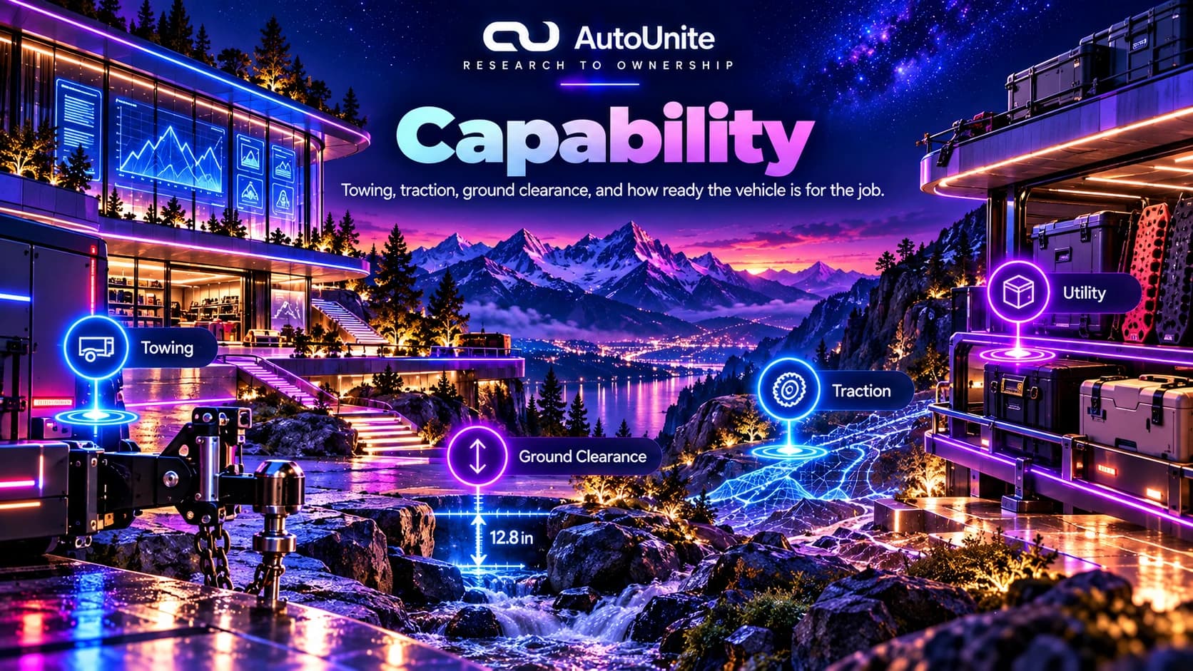 Capability references using towing, ground clearance, traction, utility gear, and terrain cues.