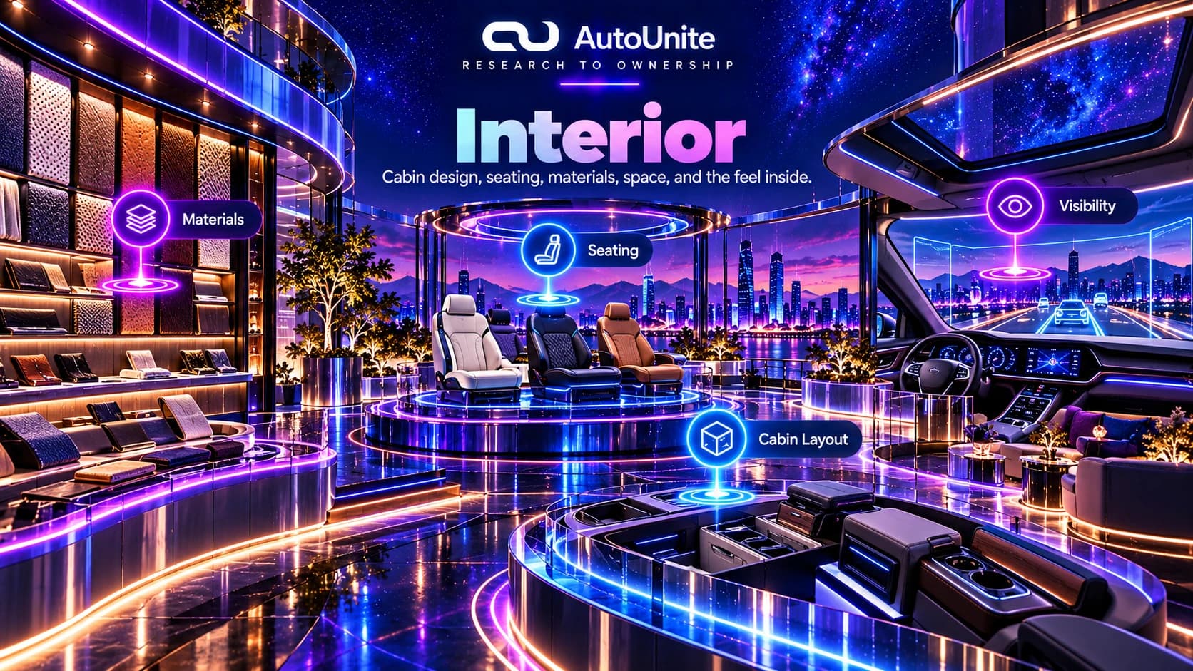 Interior references using seating, materials, cabin layout, visibility, and console details.