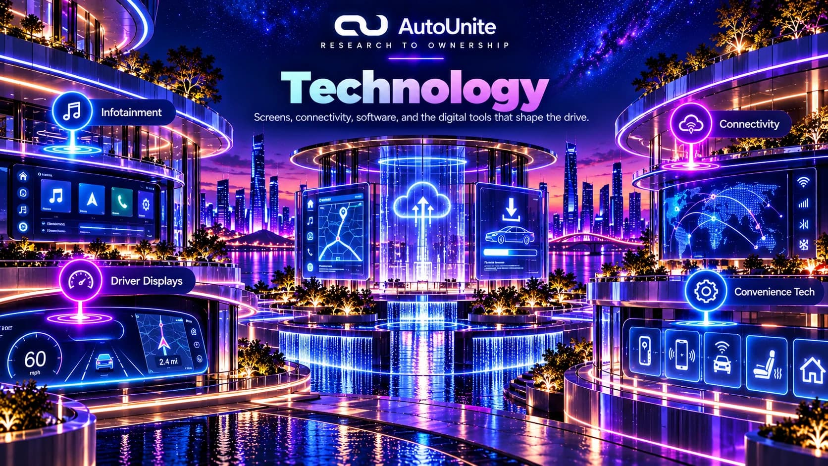 Technology references using infotainment, displays, connectivity, software, and convenience technology.