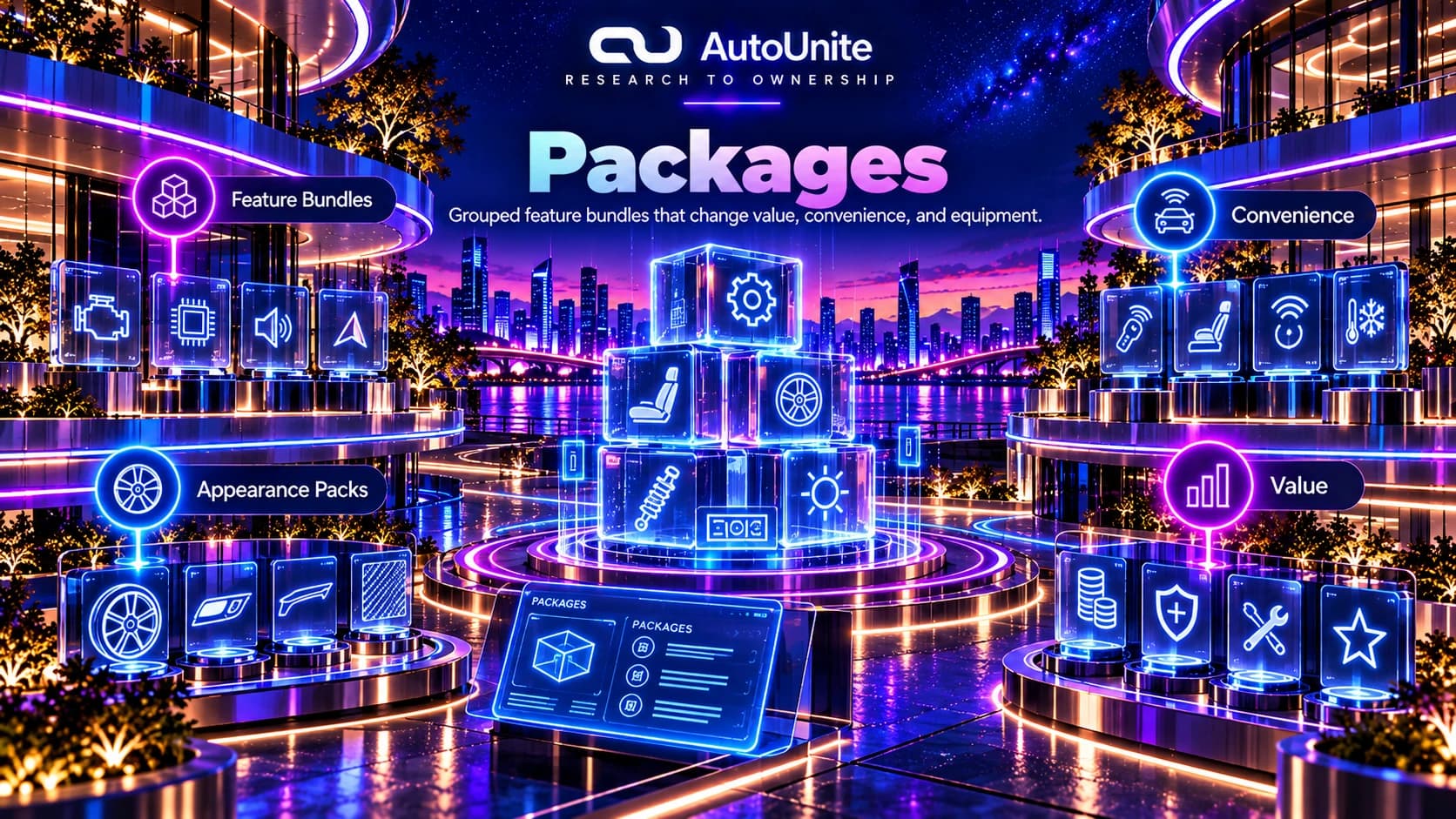 Package references using grouped feature bundles, appearance packs, convenience equipment, and value cues.