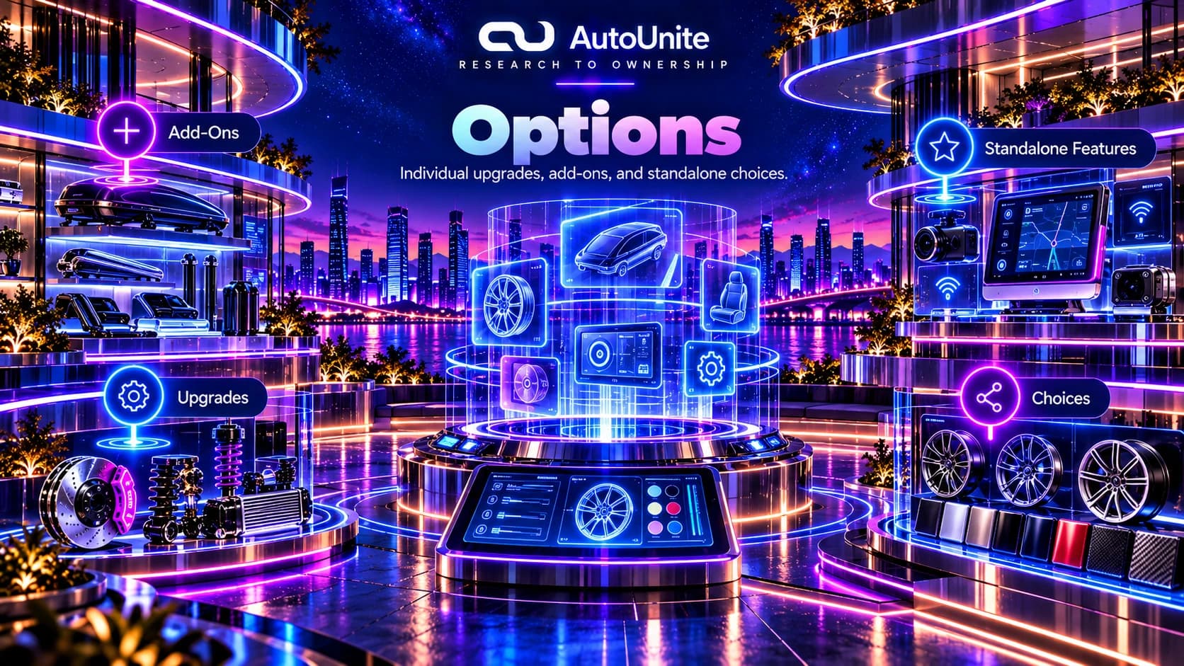 Option references using standalone upgrades, add ons, accessories, wheels, technology, and choice cues.