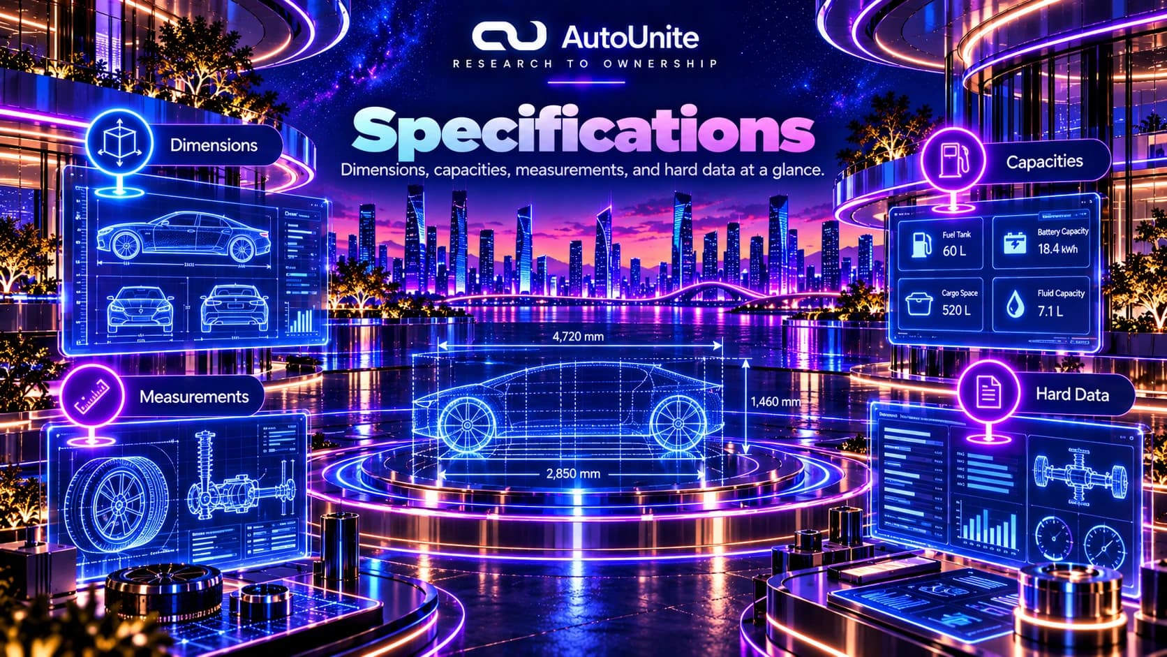 Specification references using dimensions, capacities, measurements, technical diagrams, and hard data.