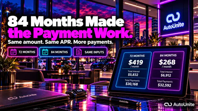 AutoUnite Newsletter 01 hero for “84 Months Made the Payment Work.,” preserving the approved story scene and bottom-right AutoUnite identity.