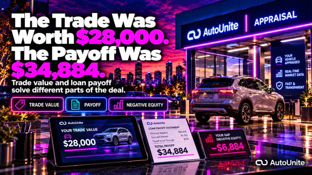 AutoUnite Newsletter 03 hero for “The Trade Was Worth $28,000. The Payoff Was $34,884.,” preserving the approved story scene and bottom-right AutoUnite identity.