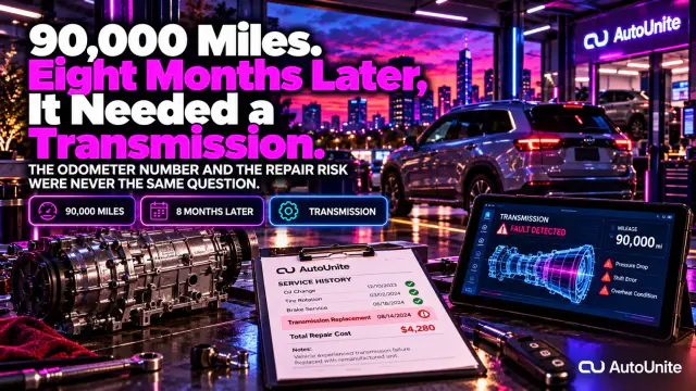 AutoUnite Newsletter 06 hero for “90,000 Miles. Eight Months Later, It Needed a Transmission.,” preserving the approved story scene and bottom-right AutoUnite identity.
