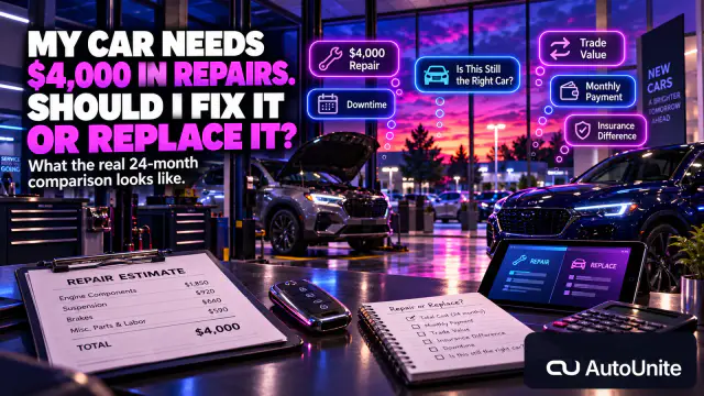 A no-people dealership service bay at sunset shows an open-hood SUV, a $4,000 repair estimate, a vehicle key, a repair-or-replace checklist and illuminated prompts for trade value, monthly payment, insurance difference and downtime beneath the headline asking whether to fix or replace the car.