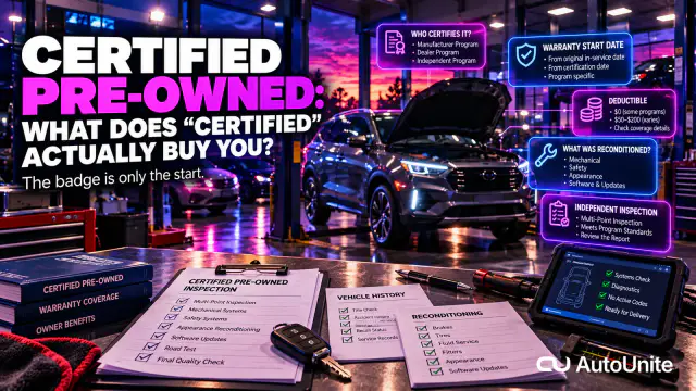 A no-people certified pre-owned inspection bay at sunset shows an open-hood SUV, a vehicle key, inspection, history and reconditioning documents, and decision callouts explaining who certifies the car, warranty timing, deductible, reconditioning and independent inspection.