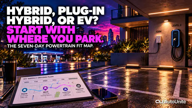 A no-people AutoUnite night-universe parking terrace shows one empty parking space beside a 120-volt outlet and Level 2 charger, with a weekly driving map in the foreground and a gas station in the distant city background.