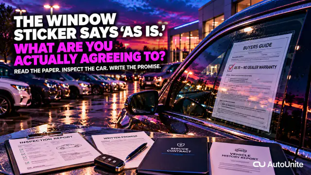 A no-people AutoUnite dealership lot at neon dusk shows a used vehicle with an As Is - No Dealer Warranty Buyers Guide in the side window, alongside an inspection report, written promise, service contract, vehicle-history report and key.