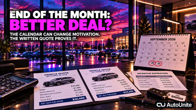 A no-people AutoUnite after-hours deal desk at neon dusk shows a September 2026 calendar, two written vehicle quotes, an incentive-expiration sheet, keys and a calculator overlooking a rain-lit dealership lot.