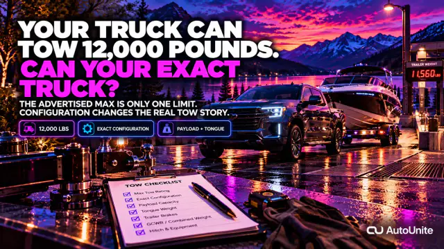 A no-people AutoUnite public vehicle scale at dusk shows a full-size pickup connected to a travel trailer with the driver door open, emphasizing exact-truck towing limits rather than a model-line maximum.