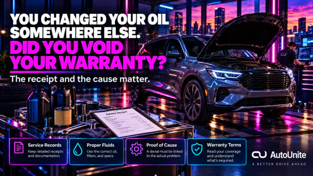 AutoUnite Newsletter 33 hero showing a premium vehicle in a maintenance bay with the headline You Changed Your Oil Somewhere Else. Did You Void Your Warranty?