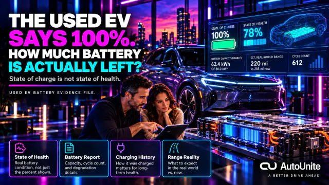 AutoUnite Newsletter 35 hero showing a premium electric crossover above a visible high-voltage battery pack in a cinematic night EV diagnostic environment with the headline The Used EV Says 100%. How Much Battery Is Actually Left?