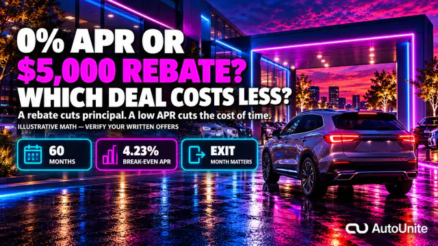 A premium SUV at a neon split decision gateway representing special APR versus cash rebate choices.