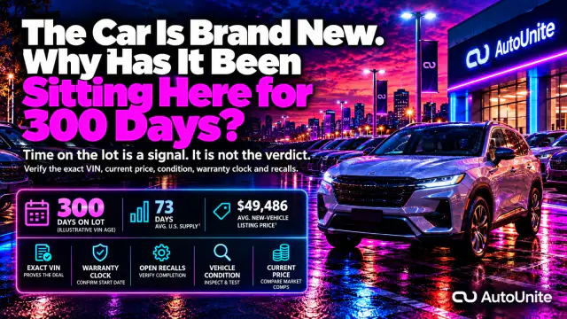 New SUVs on a rain-lit rooftop inventory deck under a full VLS headline asking why a brand-new car has been sitting for 300 days.