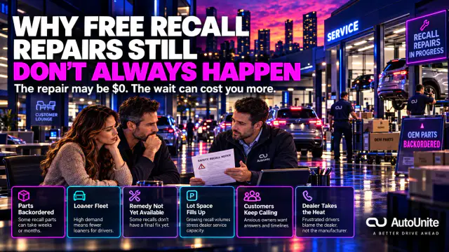 A customer holding a safety recall notice speaks with a service advisor inside a busy dealership service department, surrounded by waiting vehicles, loaner constraints, backordered parts and remedy-status information.