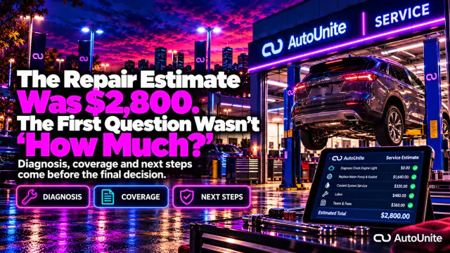 Cinematic dealership service-lane scene with a dark SUV, customer and service advisor reviewing repair paperwork; headline asks what matters after a $2,800 repair estimate.