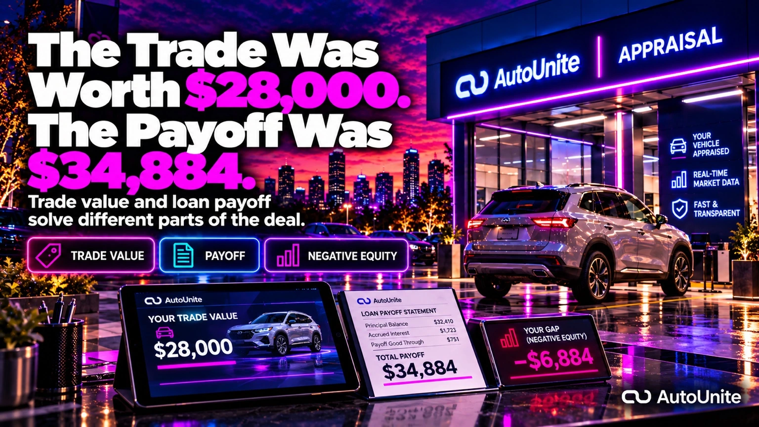 AutoUnite Newsletter 03 hero for “The Trade Was Worth $28,000. The Payoff Was $34,884.,” preserving the approved story scene and bottom-right AutoUnite identity.