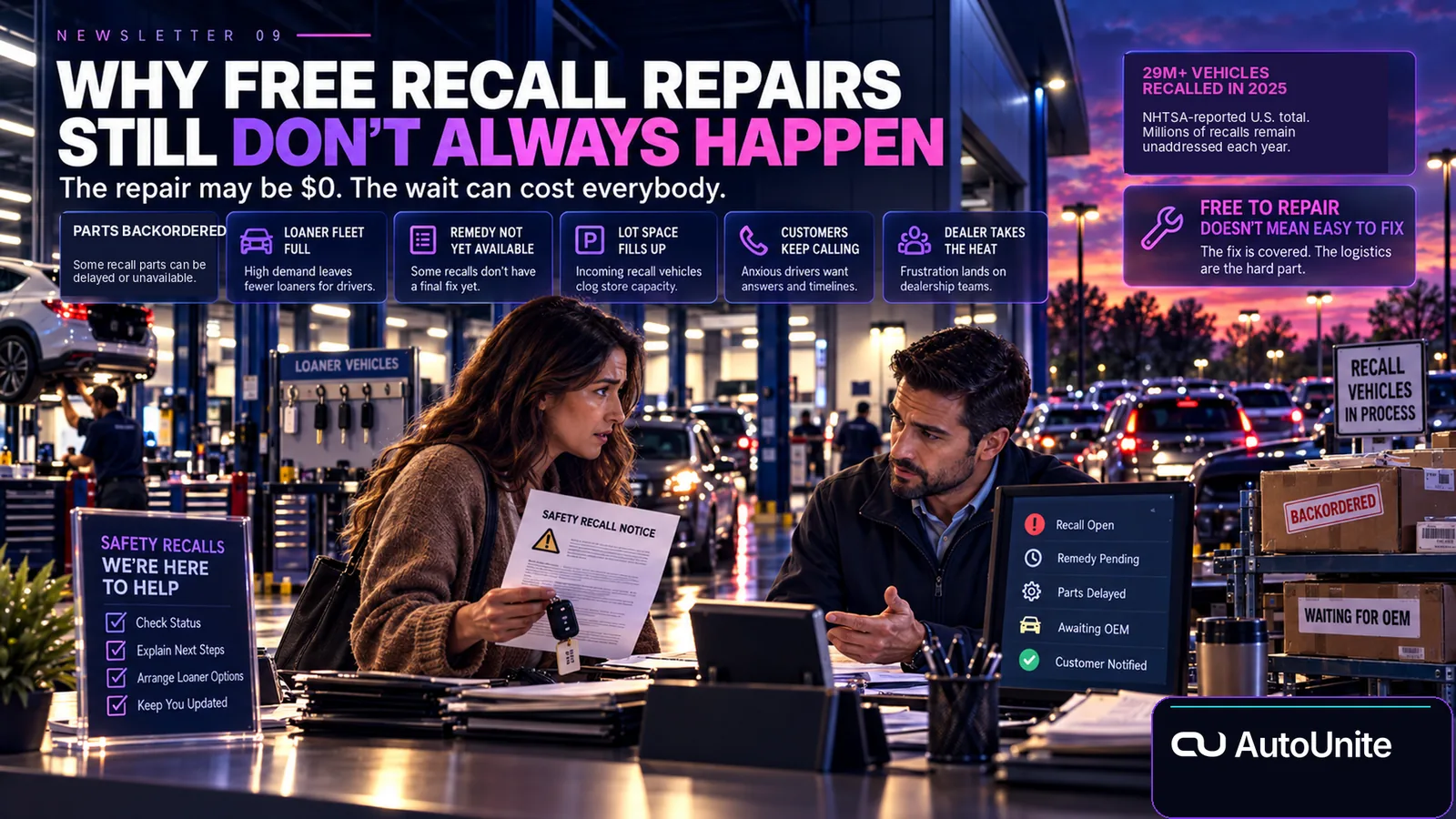 A customer holding a safety recall notice speaks with a service advisor inside a busy dealership service department, surrounded by waiting vehicles, loaner constraints, backordered parts and remedy-status information.