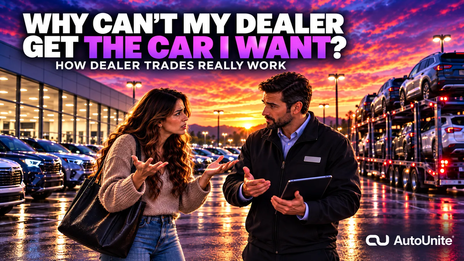 Customer asking why her dealer cannot get the car she wants while a dealership employee explains how dealer trades work, with a vehicle transporter in the background at sunset.