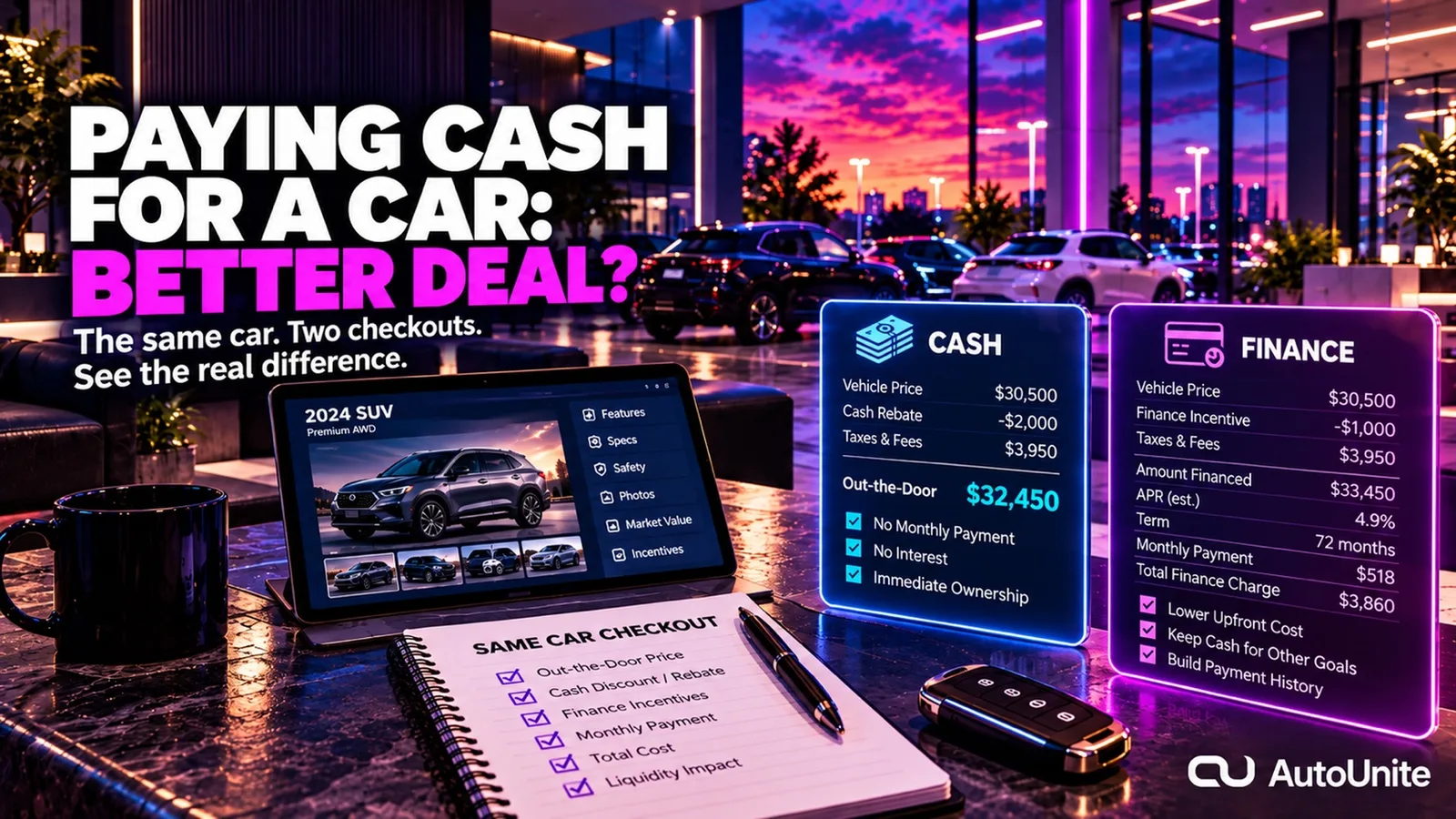 A no-people AutoUnite showroom and terrace at sunset shows the same SUV with a digital vehicle-shopping screen, Same-Car Checkout worksheet, key, and side-by-side cash and finance cards comparing out-the-door price, incentives, APR and term, finance charge, and liquidity.