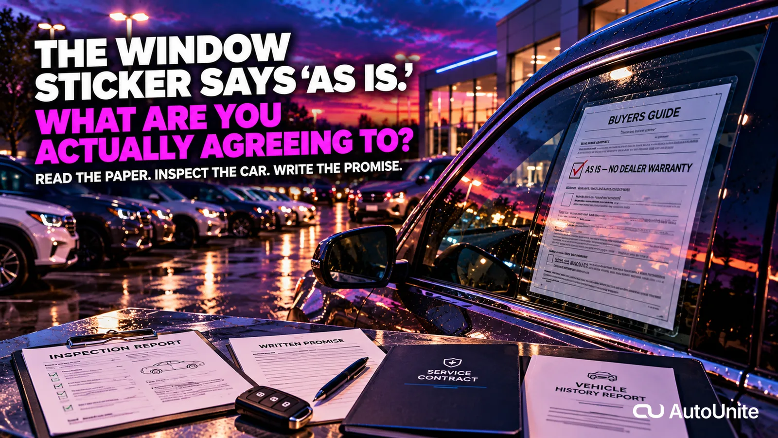A no-people AutoUnite dealership lot at neon dusk shows a used vehicle with an As Is - No Dealer Warranty Buyers Guide in the side window, alongside an inspection report, written promise, service contract, vehicle-history report and key.