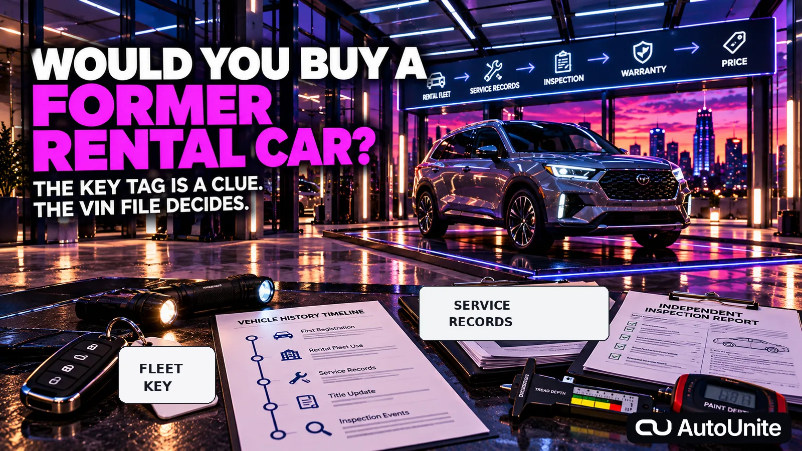 A no-people AutoUnite vehicle-provenance studio at dusk shows a former-rental SUV with a fleet key, vehicle-history timeline, service records, independent inspection tools and a flow from rental fleet to service records, inspection, warranty and price.