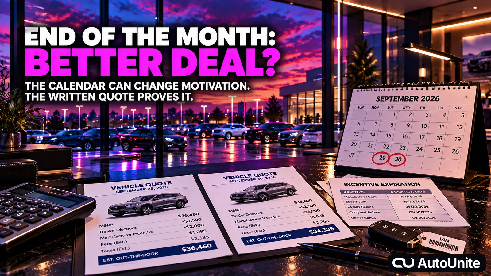 A no-people AutoUnite after-hours deal desk at neon dusk shows a September 2026 calendar, two written vehicle quotes, an incentive-expiration sheet, keys and a calculator overlooking a rain-lit dealership lot.
