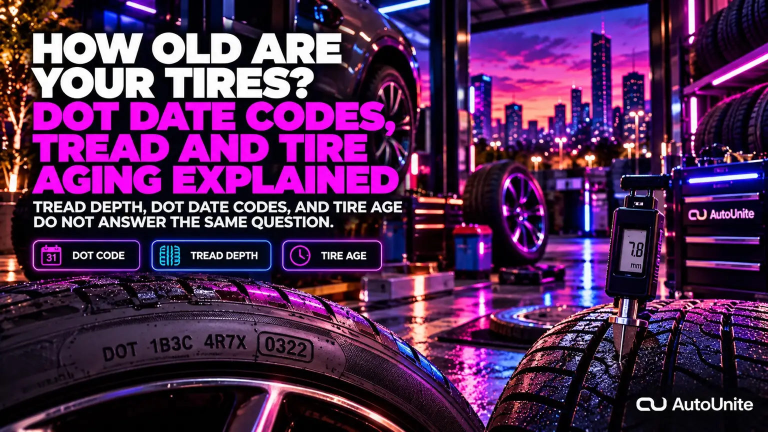 A no-people AutoUnite Night scene shows a premium vehicle tire in a neon-lit inspection bay with tread-depth tools and a tire stack, using the exact official AutoUnite lockup.