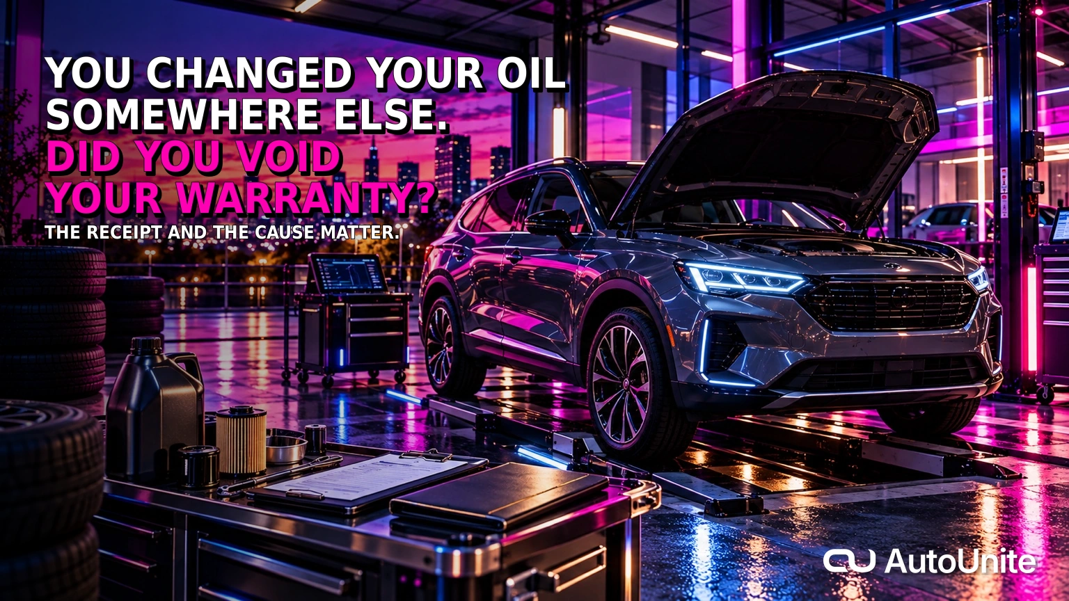AutoUnite Newsletter 33 hero showing a premium vehicle in a maintenance bay with the headline You Changed Your Oil Somewhere Else. Did You Void Your Warranty?