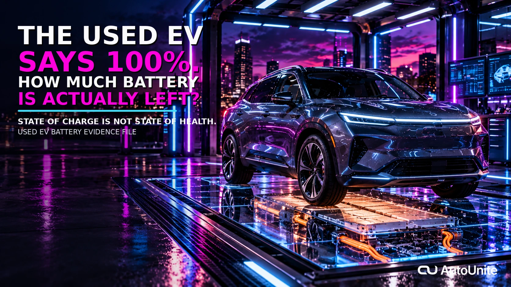 AutoUnite Newsletter 35 hero showing a premium electric crossover above a visible high-voltage battery pack in a cinematic night EV diagnostic environment with the headline The Used EV Says 100%. How Much Battery Is Actually Left?