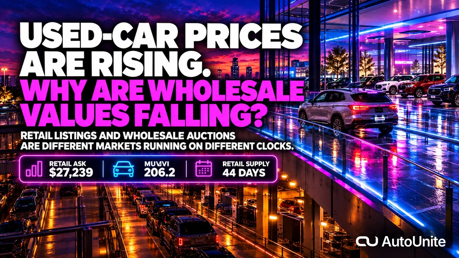 AutoUnite Newsletter 38 hero in a vehicle-market exchange environment showing a used vehicle crossing from a falling wholesale auction lane to a higher retail listing gallery, under the headline Used-Car Prices Are Rising. Why Are Wholesale Values Falling?